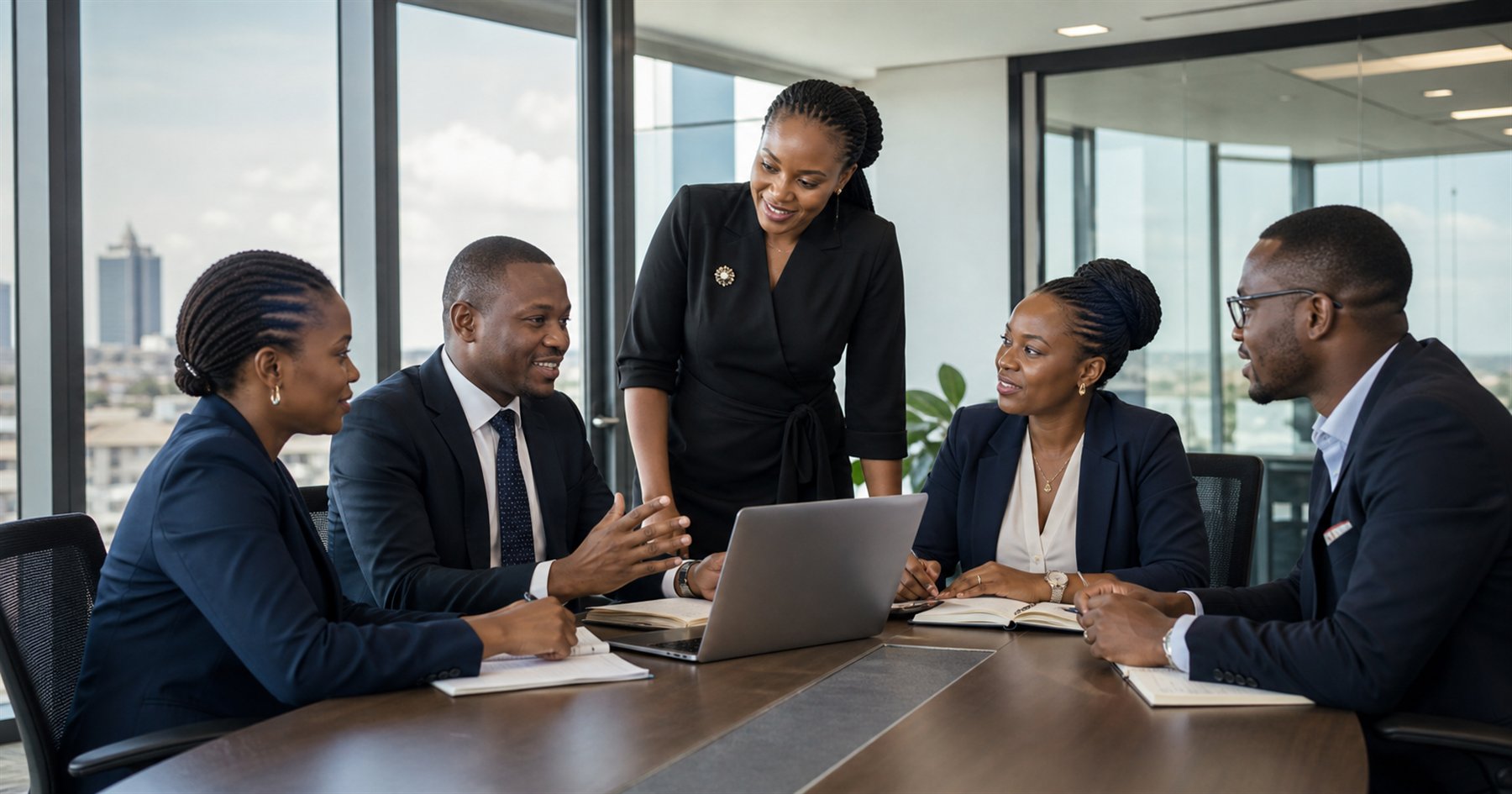 Black African insurance professionals collaborating in a modern office